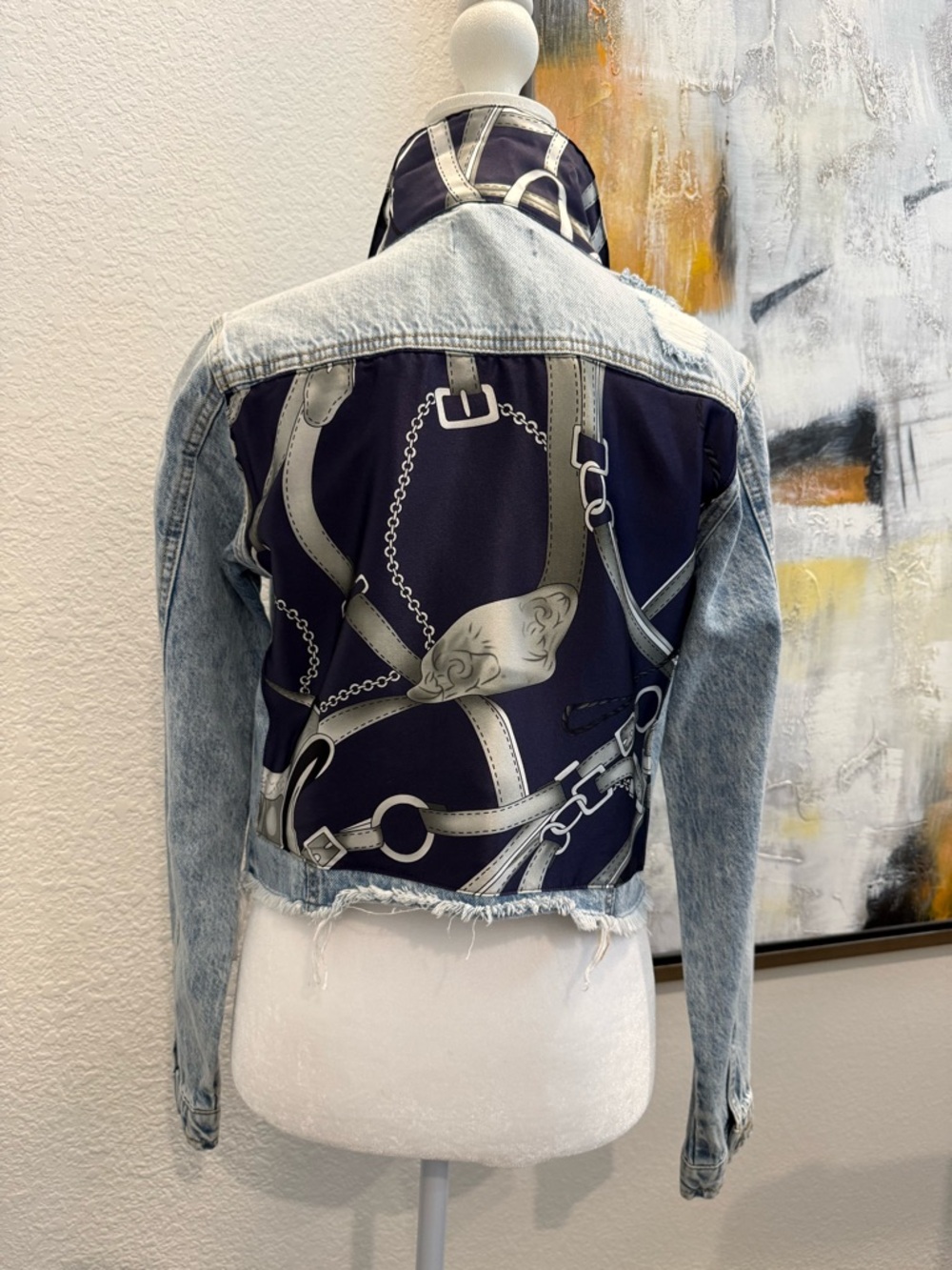 Denim Jacket with Navy Equestrian Print Back, Small NWT